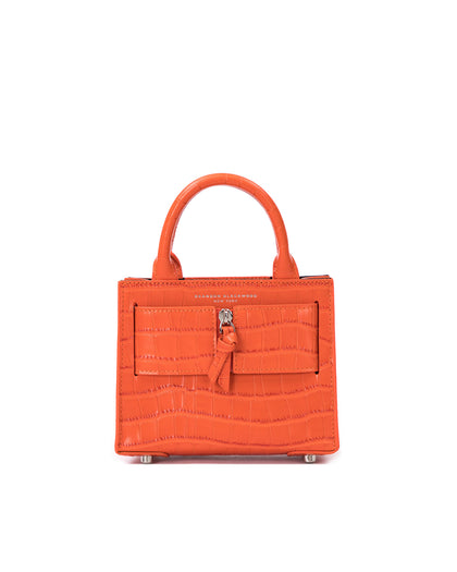 Front of Kuei Bag in orange croc embossed leather with orange croc embossed silver zipper  thumbnail 1