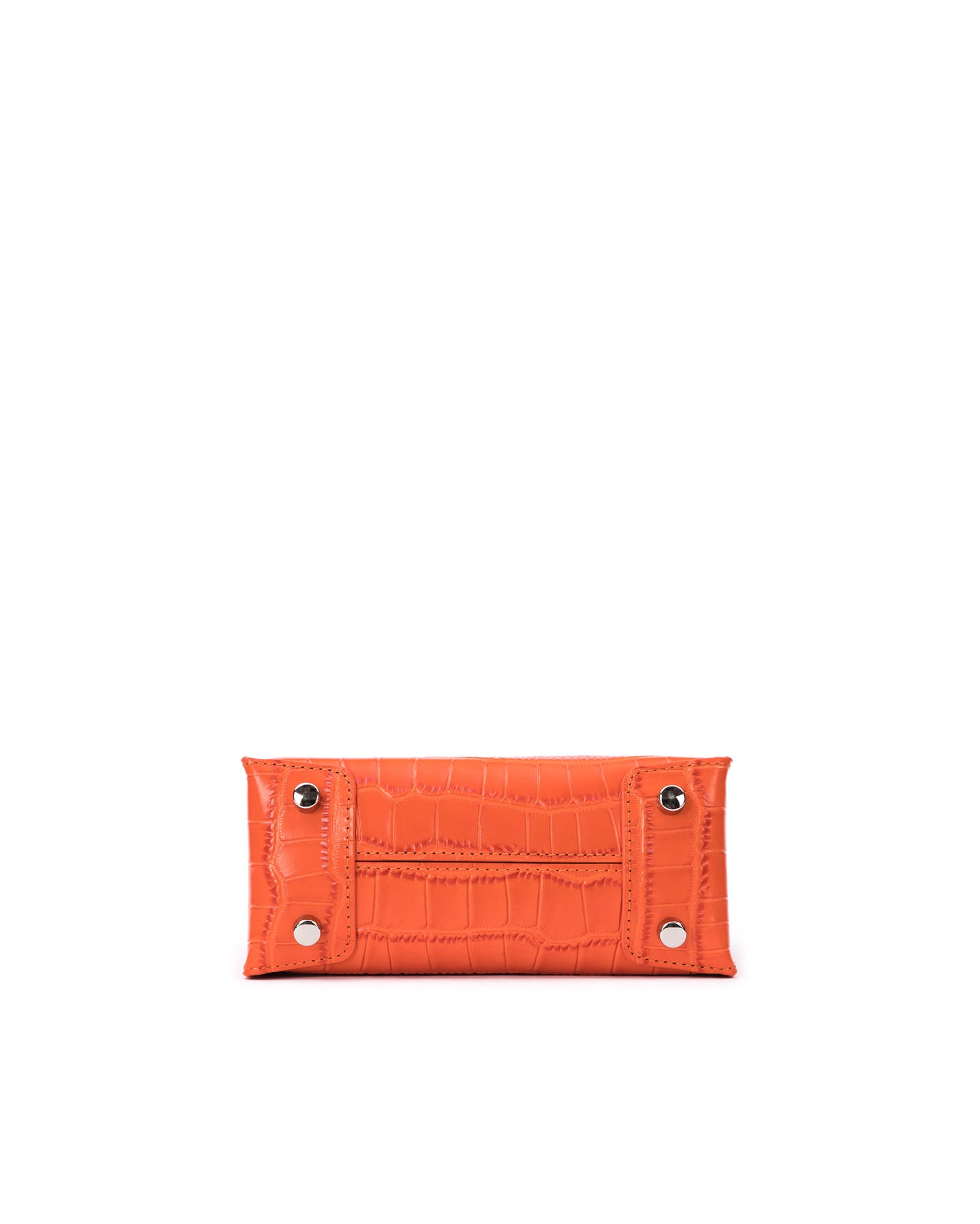 Bottom of Kuei Bag in orange croc embossed leather four metal feet