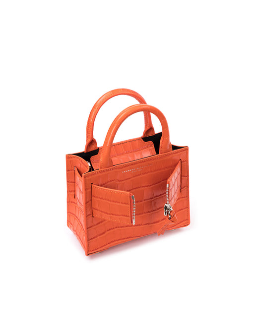 Angled over head view of wide open Kuei Bag in orange croc embossed leather with orange croc embossed handle orange croc embossed silver zipper 