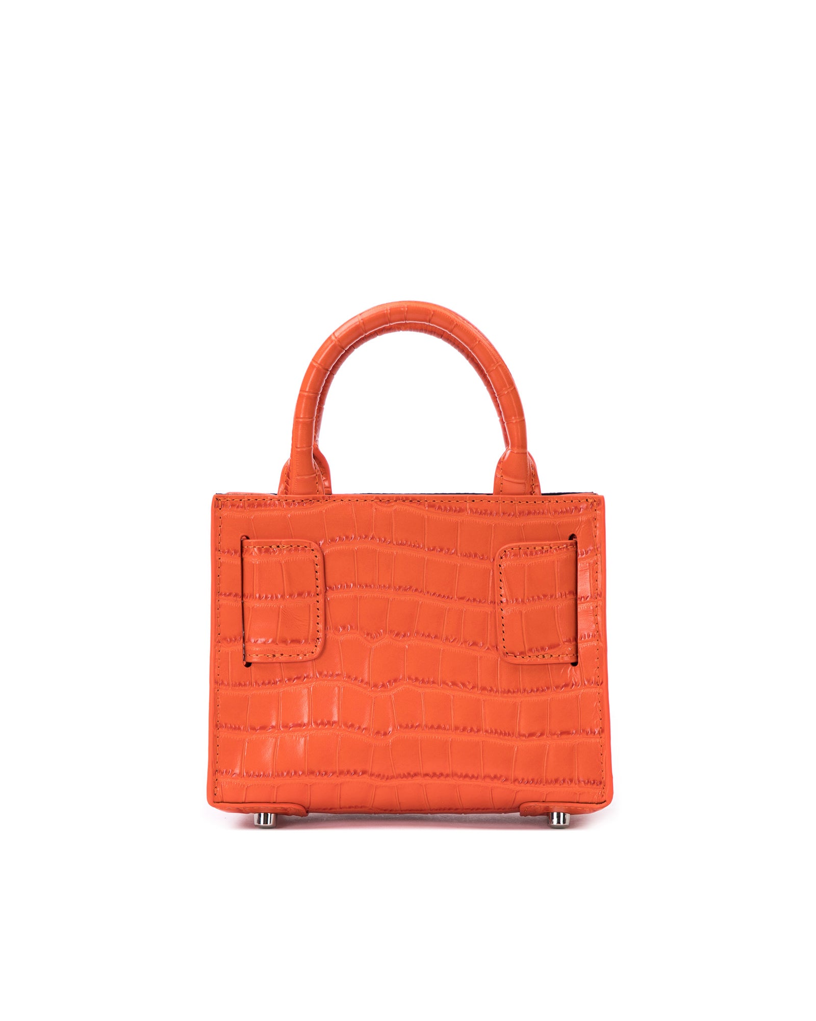 Back of Kuei Bag in orange croc embossed leather with orange croc embossed handle