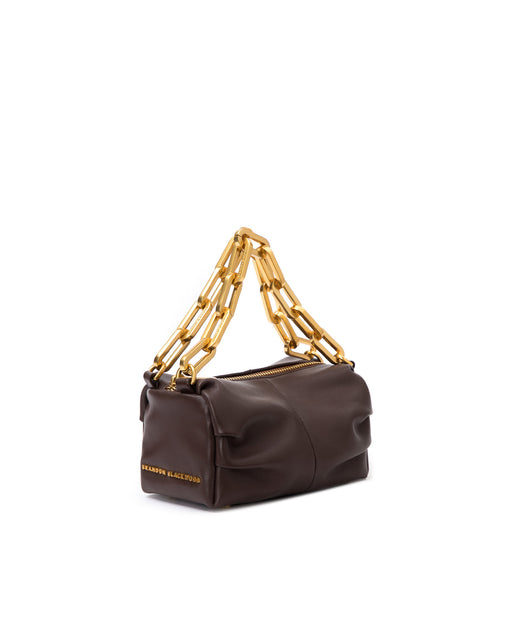 Mini Valentina with dark brown leather and brass chain link handle with brass logo embossed zipper closure 