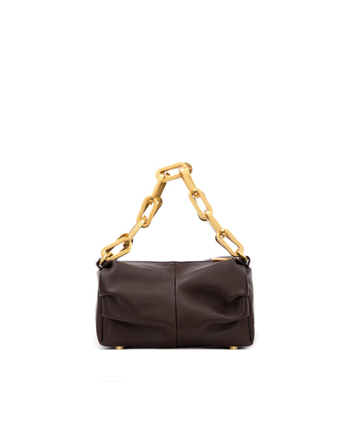 Front of Mini Valentina with dark brown leather and brass chain link handle with brass logo embossed zipper closure 