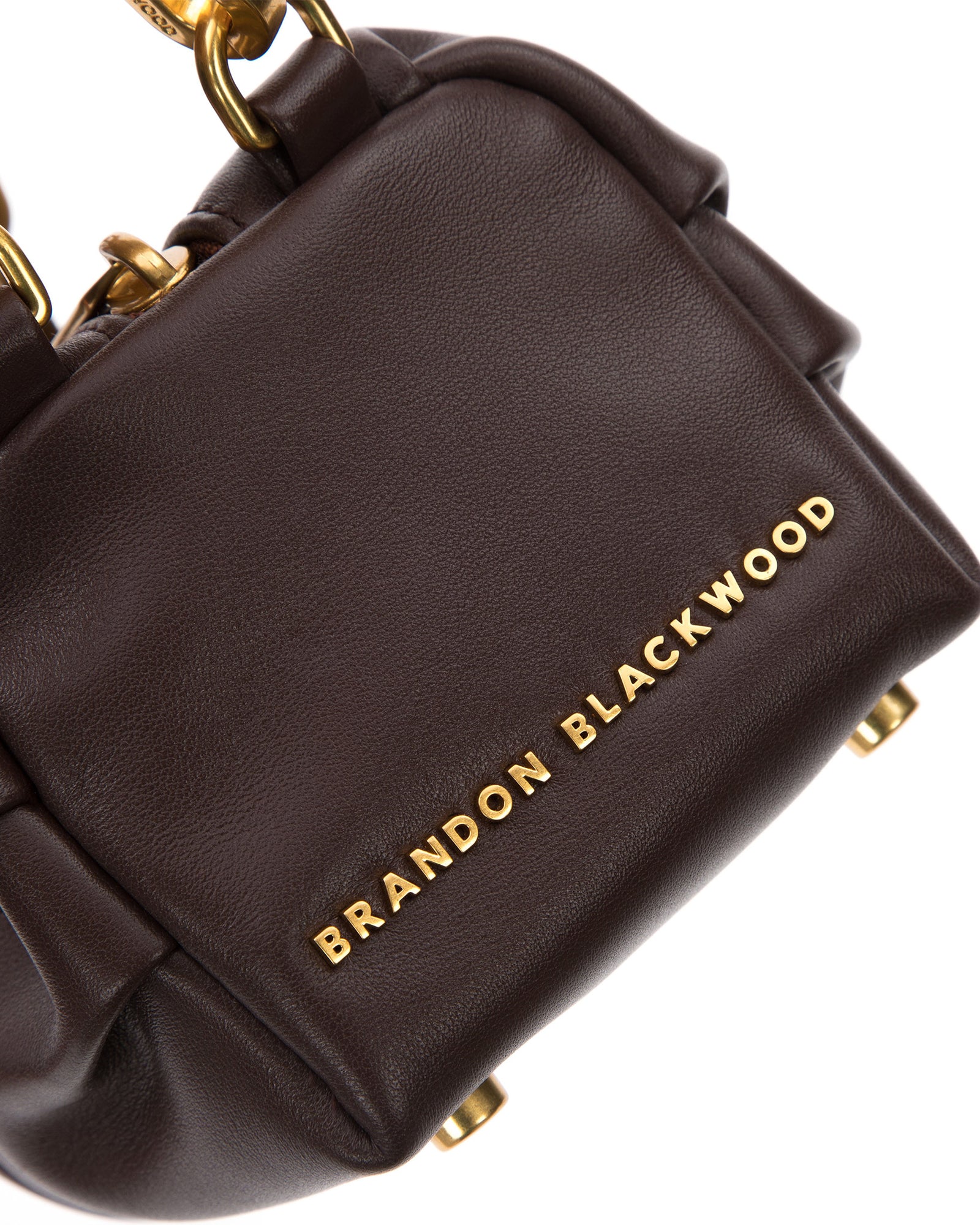 Angled close up of Mini Valentina with dark brown leather 