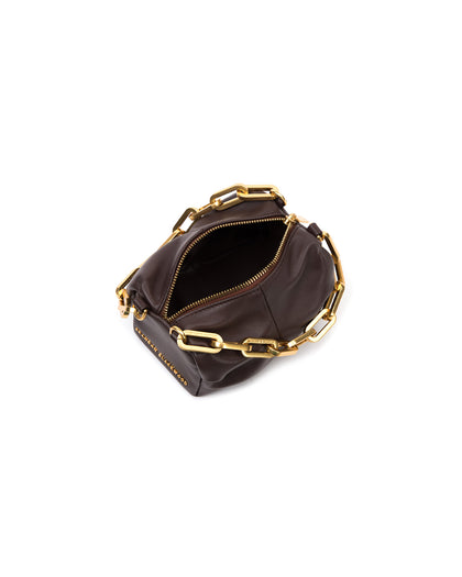 Angled over head view of wide open Mini Valentina with dark brown leather brass chain link handle and brass logo embossed zipper closure  thumbnail 2