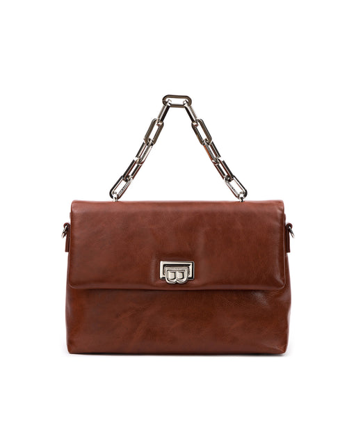 Front of Lisa Shoulder Bag in brown cracked leather with silver chain link handle and B logo closure