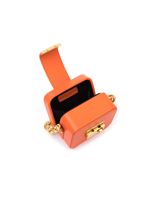 Angled over head view of Caro Buckle Bag in burnt orange leather opened with brass clasp buckle
