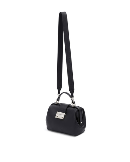 Elizabeth Doctor Bag in black leather with leather handle brass clasp buckle, hanging from cross body strap thumbnail 5