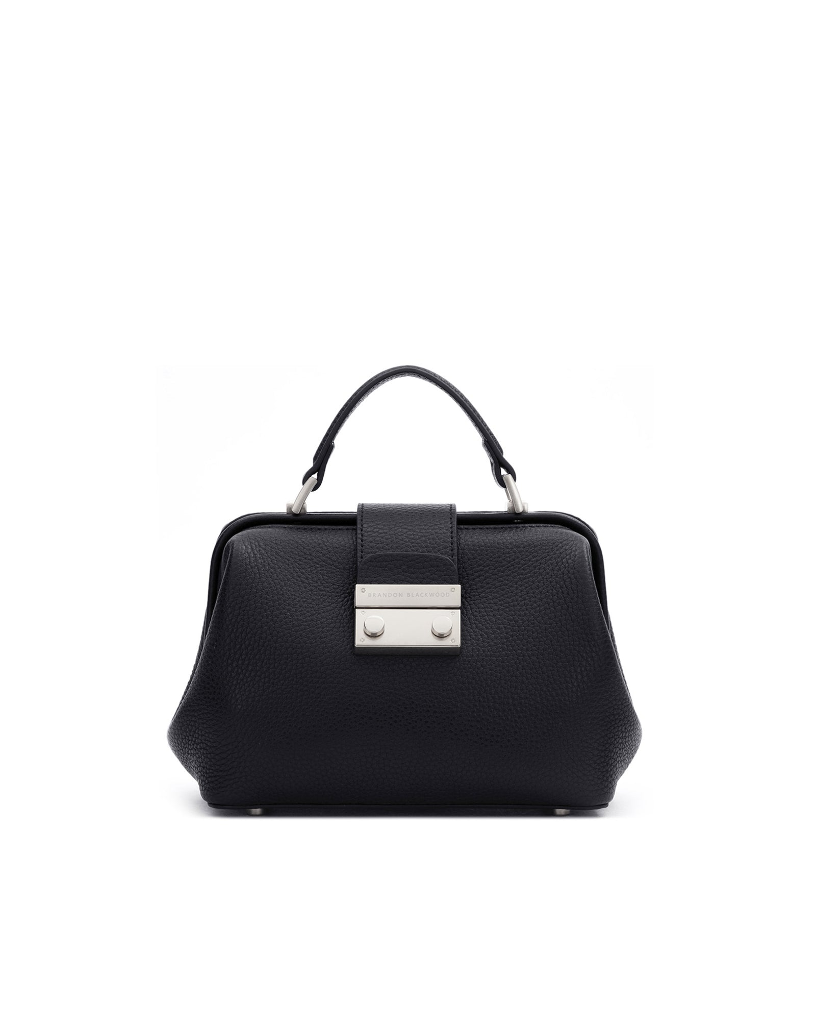 Front of Elizabeth Doctor Bag in black leather with leather handle brass clasp buckle