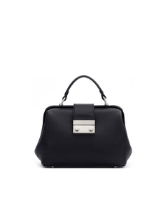 Front of Elizabeth Doctor Bag in black leather with leather handle brass clasp buckle