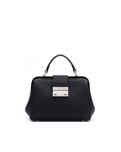 Front of Elizabeth Doctor Bag in black leather with leather handle brass clasp buckle thumbnail 1