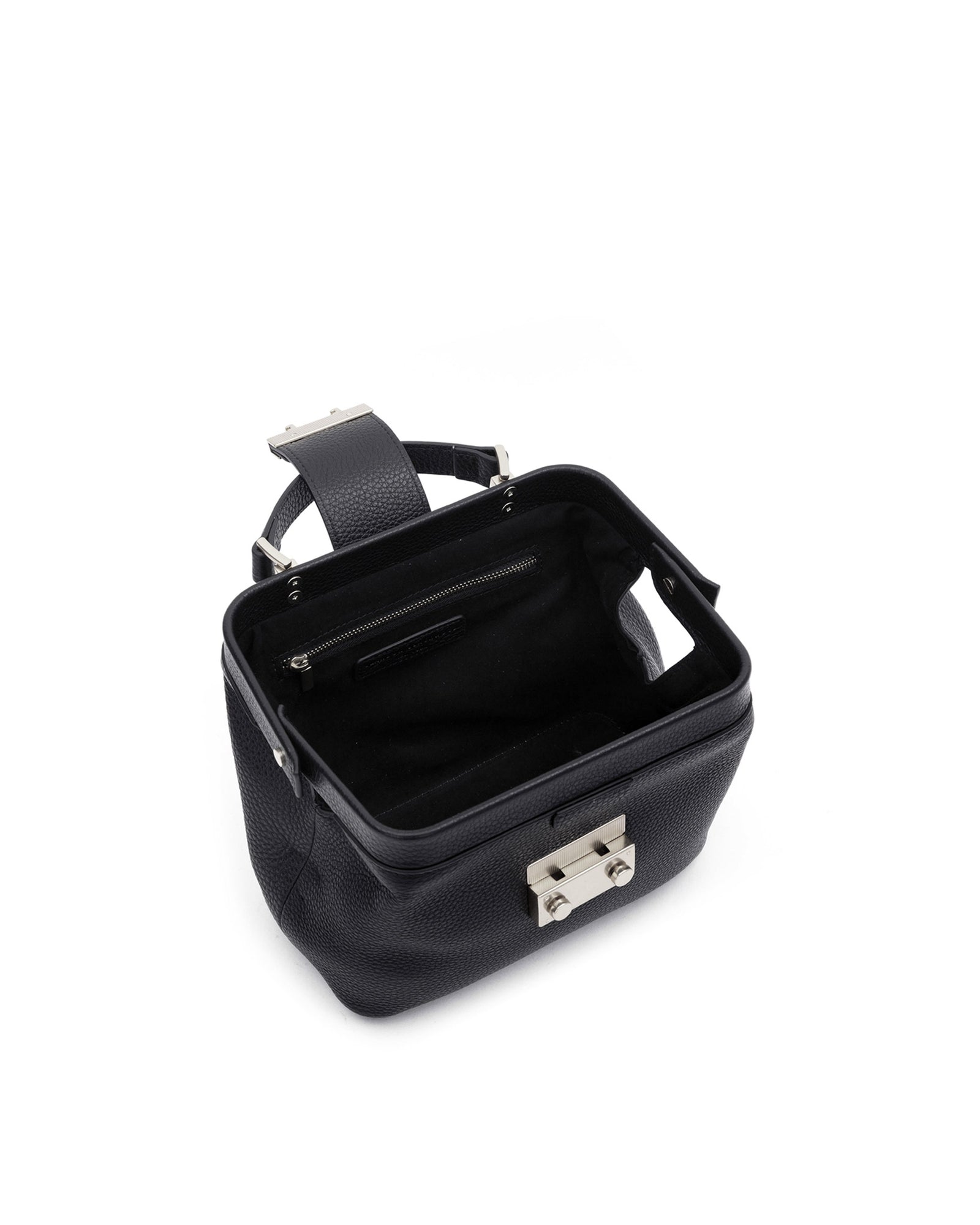 Angled over head view of wide open Elizabeth Doctor Bag in black leather with open brass clasp buckle