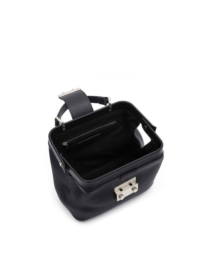 Angled over head view of wide open Elizabeth Doctor Bag in black leather with open brass clasp buckle thumbnail 4