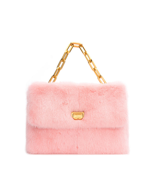 Front of Lisa Shoulder Bag in pink mink with brass chain link handle and B logo closure