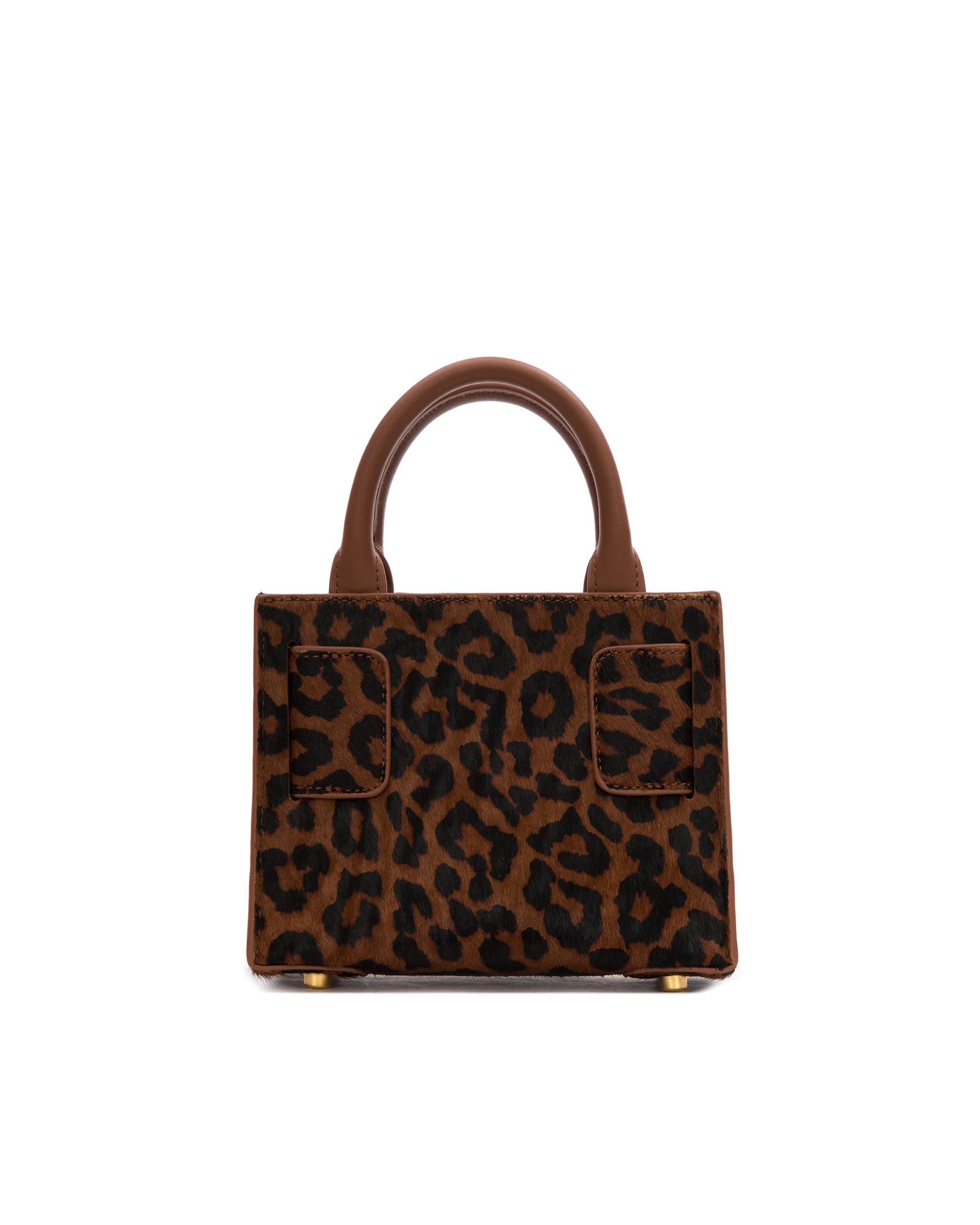 Back of Kuei Bag in brown and black leopard print ponyhair handle