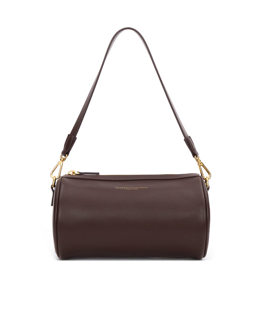 Front of Bianca Duffle in Dark Brown leather with leather shoulder strap 