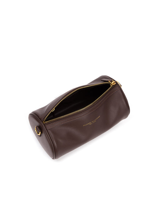 Angled over head view of Bianca Duffle in Dark Brown leather with top zipper open
