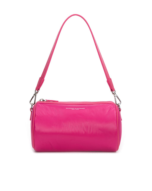 Front of Bianca Duffle in Hot Pink puffer nylon with leather shoulder strap 