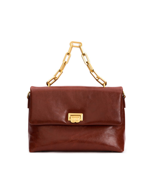 Front of Lisa Shoulder Bag in brown cracked leather with brass chain link handle and B logo closure