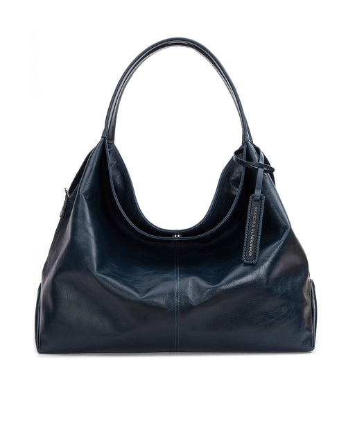 Front Hobo Tote Bag in Blue Cracked Leather with Silver Hardware