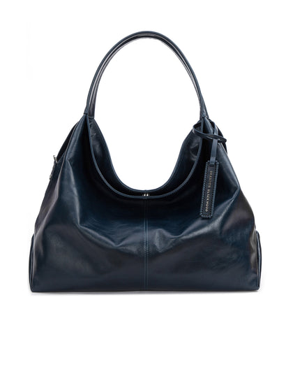 Front Hobo Tote Bag in Blue Cracked Leather with Silver Hardware thumbnail 1