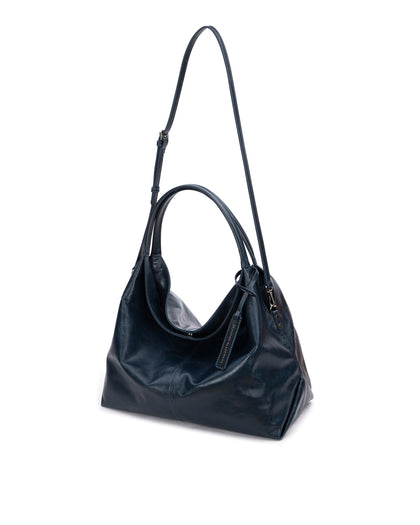 Hobo Tote Bag in Blue Cracked Leather with Silver Hardware hanging with strap thumbnail 6