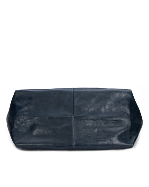 Bottom Hobo Tote Bag in Blue Cracked Leather with Silver Hardware