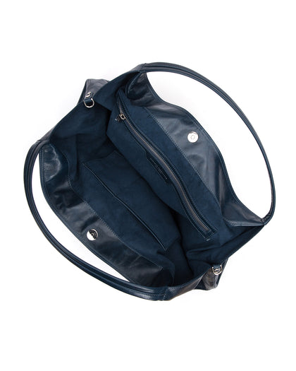 Angled over head view Hobo Tote Bag in Blue Cracked Leather with Silver Hardware wide open with magnetic closure  thumbnail 2