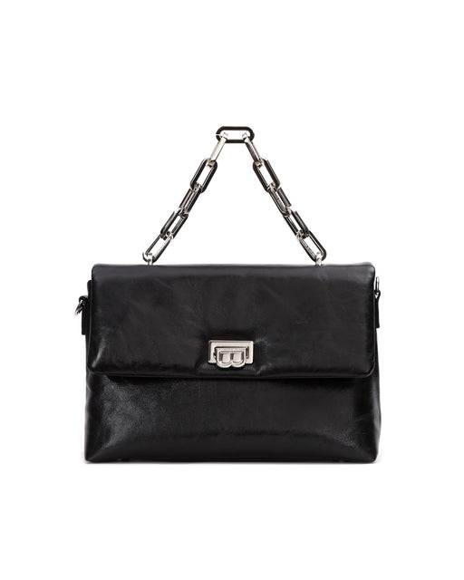 Front of Lisa Shoulder Bag in black cracked leather with silver chain link handle and B logo closure