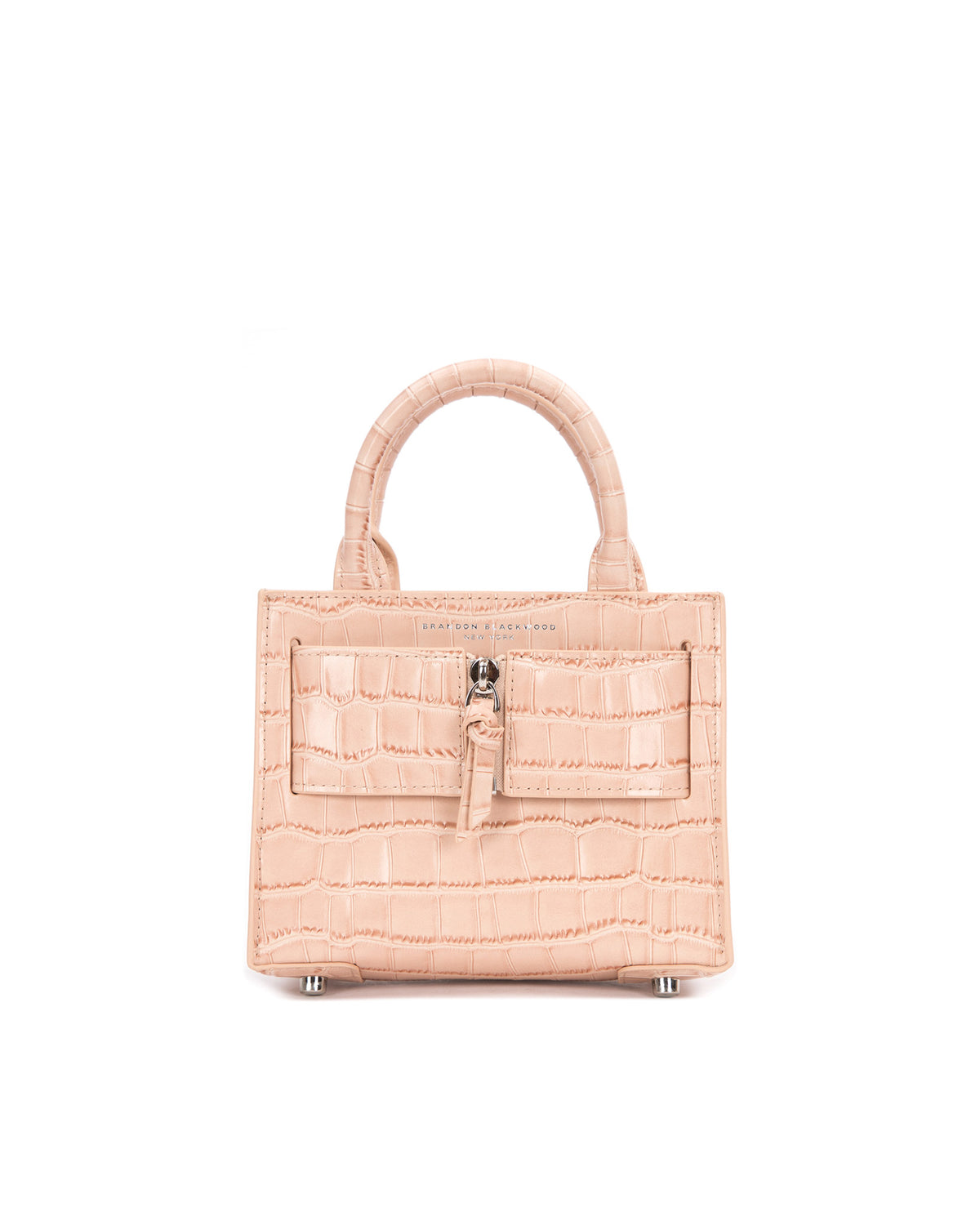 Front of Kuei Bag in cream croc embossed leather with cream croc embossed silver zipper 