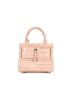 Front of Kuei Bag in cream croc embossed leather with cream croc embossed silver zipper 