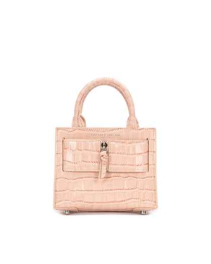 Front of Kuei Bag in cream croc embossed leather with cream croc embossed silver zipper  thumbnail 1