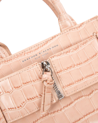 Angled close up of Kuei Bag in cream croc embossed leather thumbnail 3