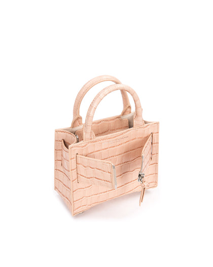 Angled over head view of wide open Kuei Bag in cream croc embossed leather with cream croc embossed handle cream croc embossed silver zipper  thumbnail 2