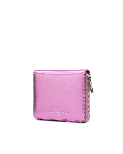 Angled close up Tristan Bi-fold Wallet in Metallic Pink Leather 