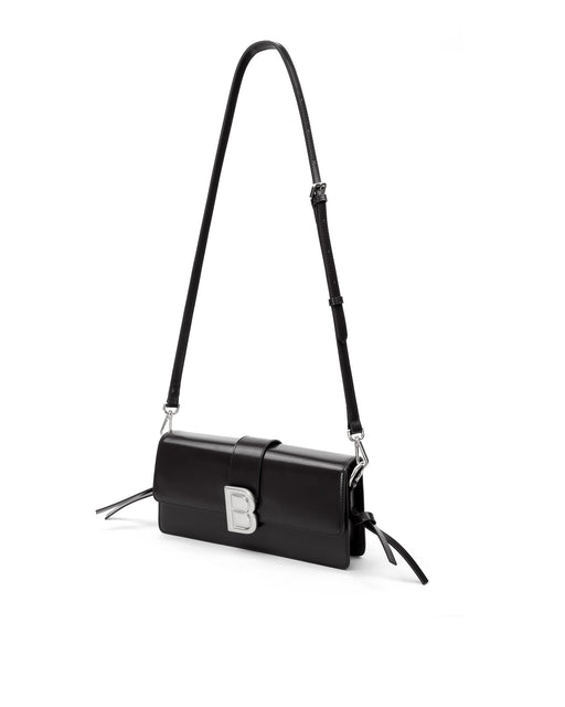 Nia Bag with black hard leather with black leather strap with silver logo magnetic closure hanging from strap