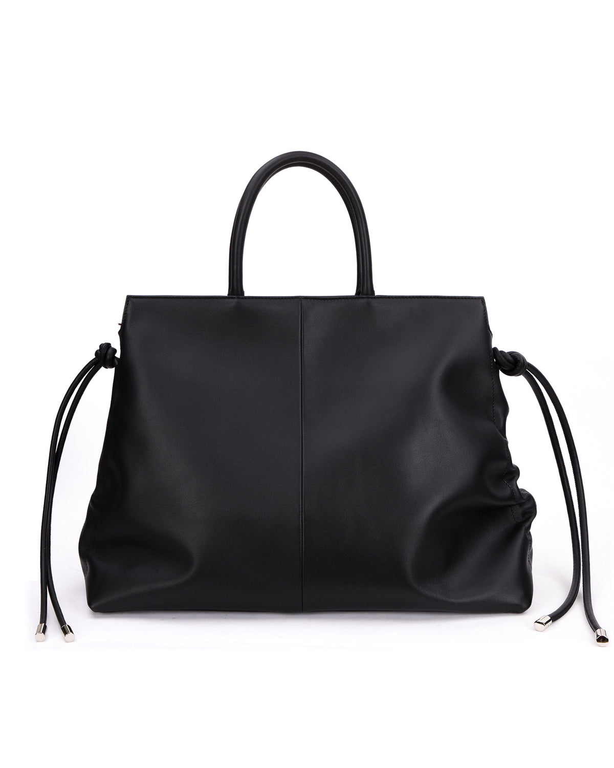 Back Rouched Tote Bag in Smooth Black Leather with Silver Hardware