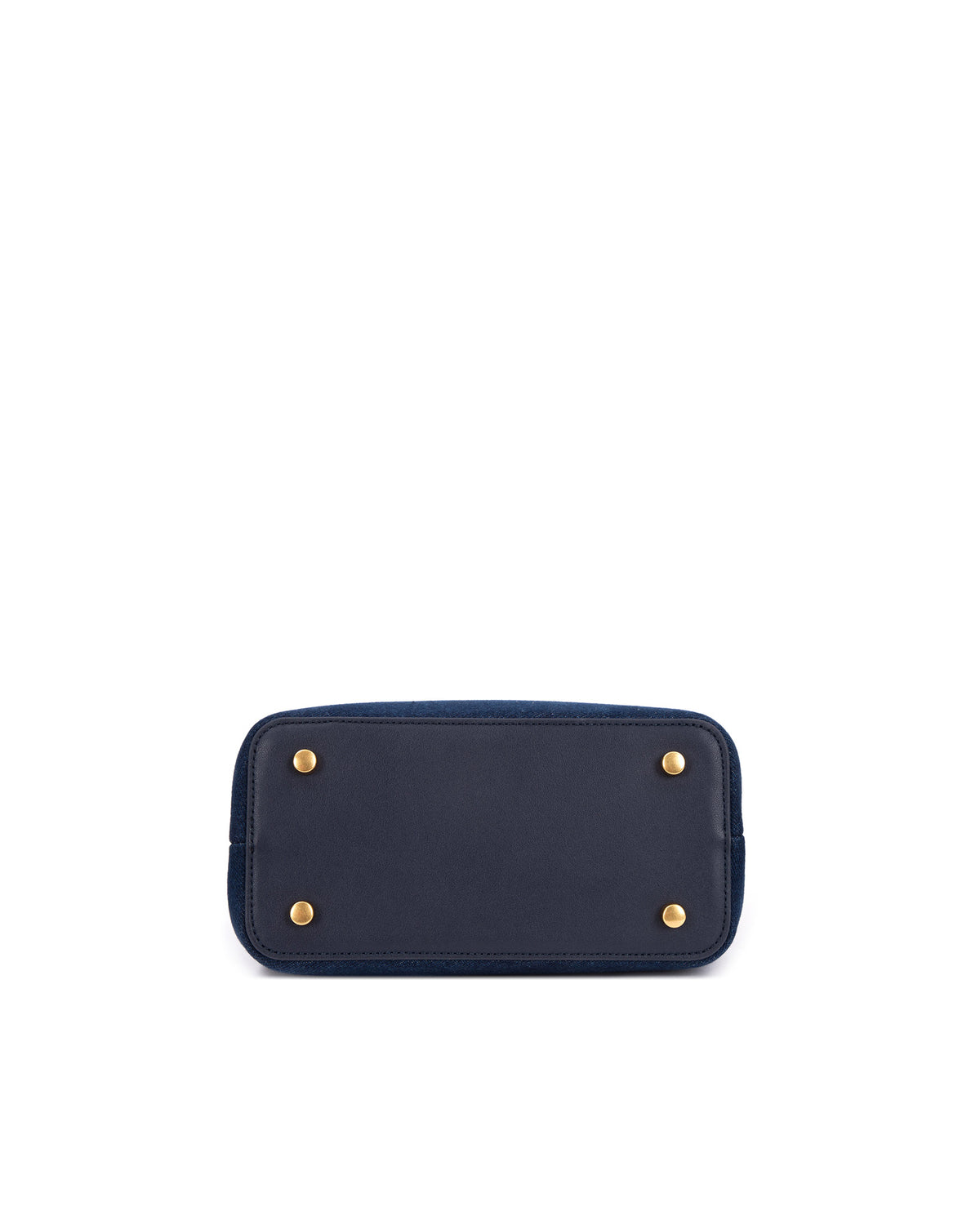 Bottom of Elizabeth Doctor Bag in dark denim four metal feet