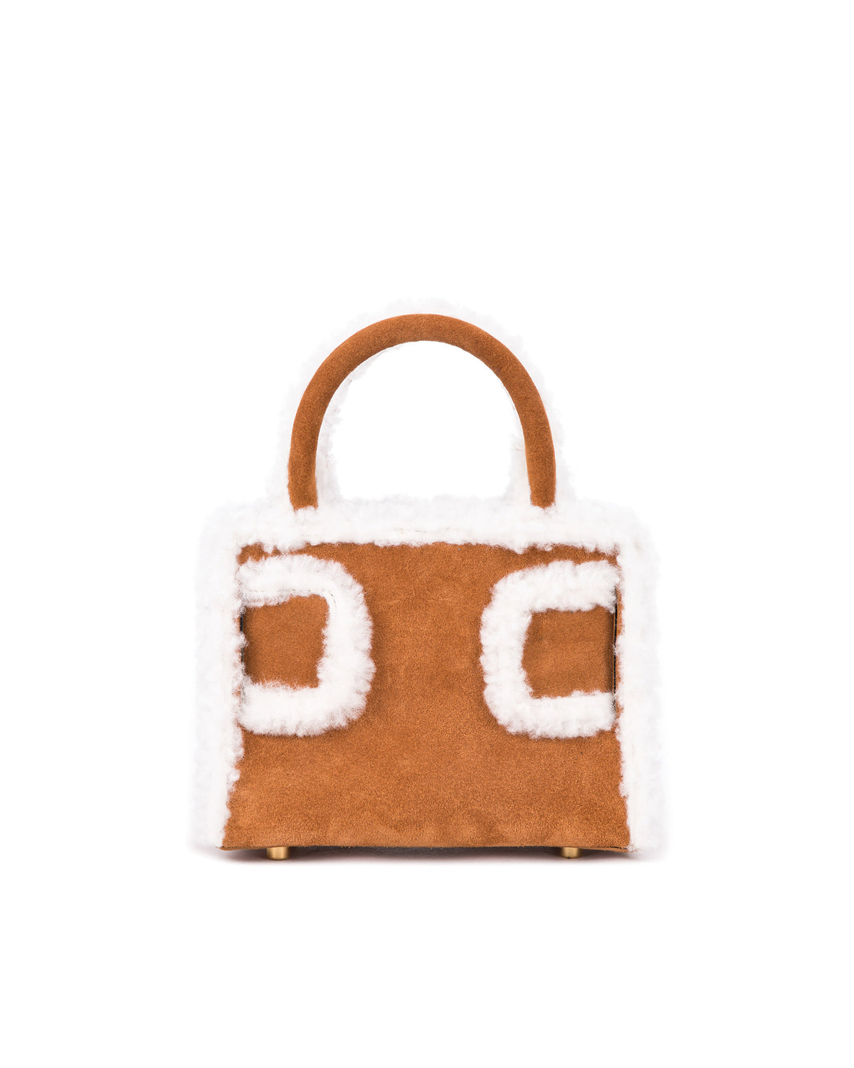Back of Kuei Bag in tan suede with shearling edges with suede and shearling edges handle