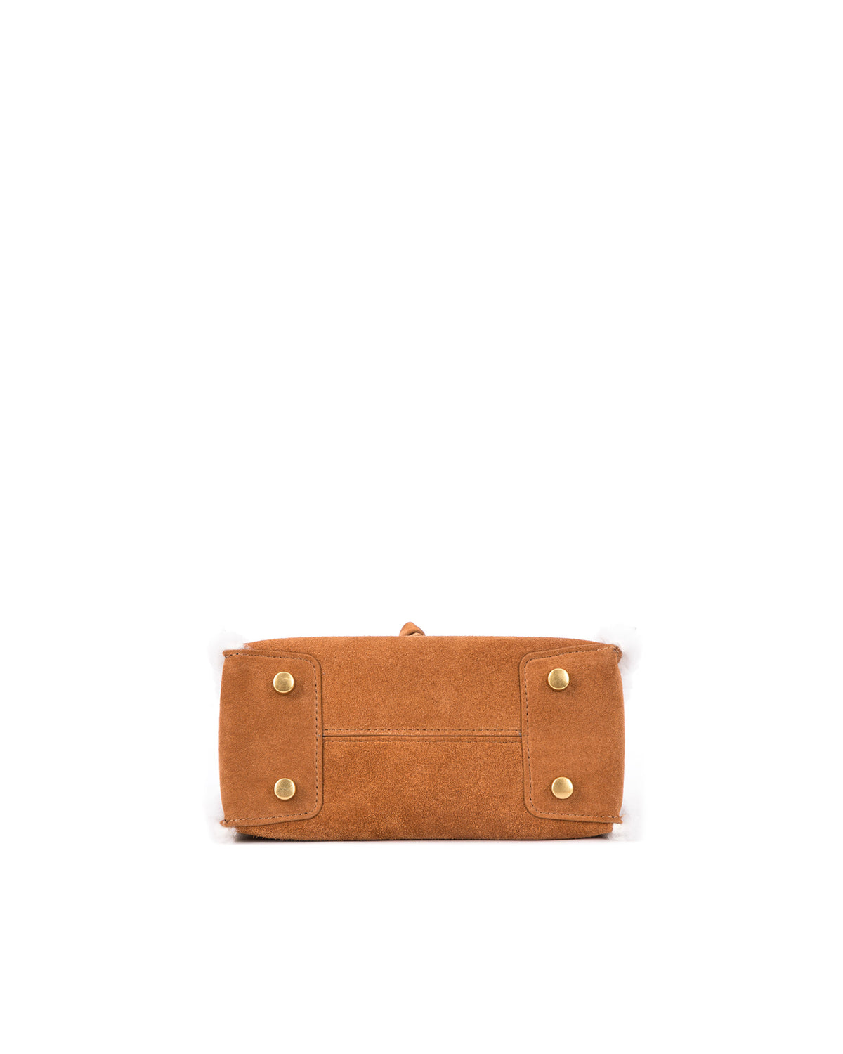 Bottom of Kuei Bag in tan suede with shearling edges four metal feet