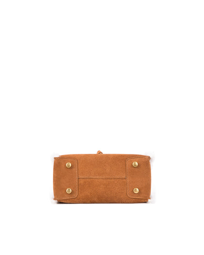 Bottom of Kuei Bag in tan suede with shearling edges four metal feet thumbnail 5