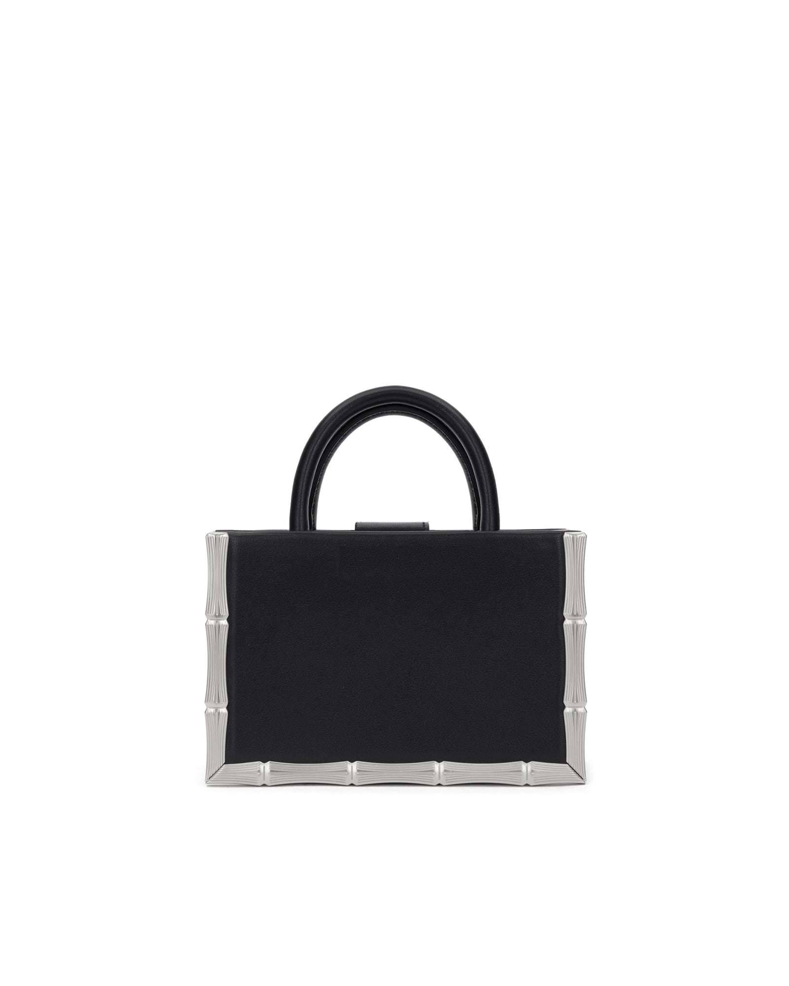 Back of Bamboo B Tote in black leather with leather handle and silver bamboo embossed trim