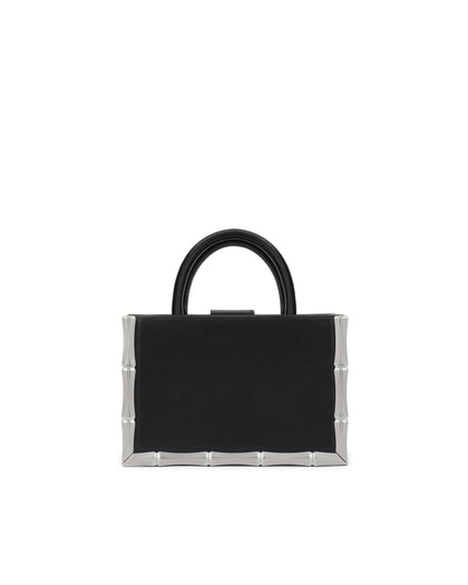 Back of Bamboo B Tote in black leather with leather handle and silver bamboo embossed trim thumbnail 5