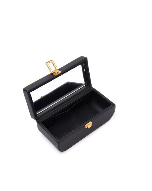 Overhead view of the Vanity Purse in Black Leather with 24K Gold Plated Brass Hardware  with purse open mirror inside