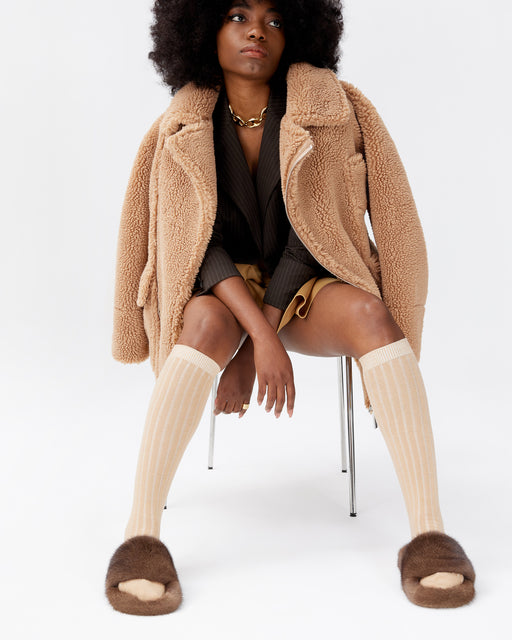 Model posing with Open Toe Slipper in Genuine Brown Mink
