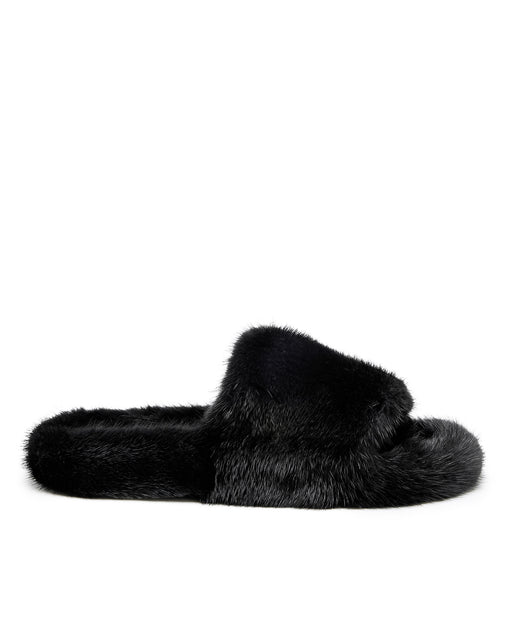Front of Open Toe Slipper in Genuine Black Mink