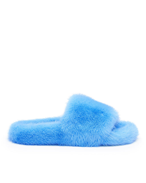 Side view of Open Toe Slipper in Genuine in Light Blue Mink 