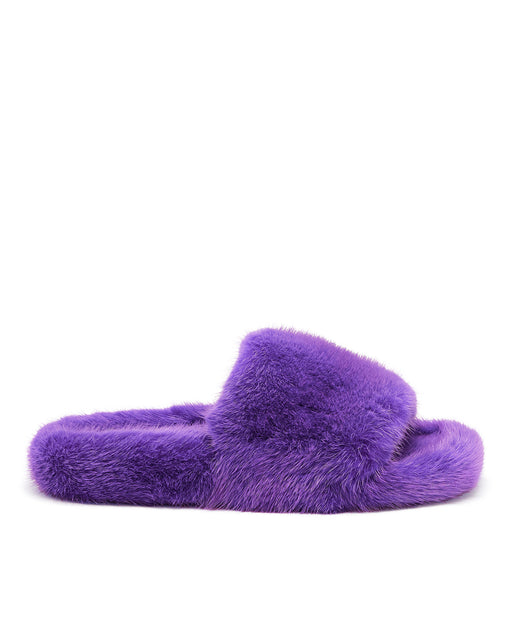 Side view of Open Toe Slipper in Genuine in Purple Mink