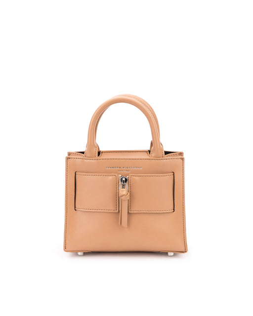 Front of Kuei Bag in tan smooth leather with silver and leather zipper 
